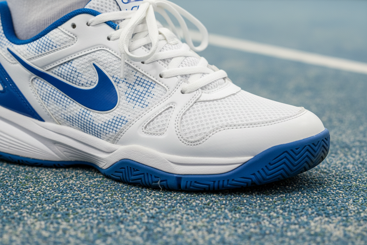 un closeup très détaillé d'un pied en sneakers blanche avec détails bleu en appui sur un terrain de adel