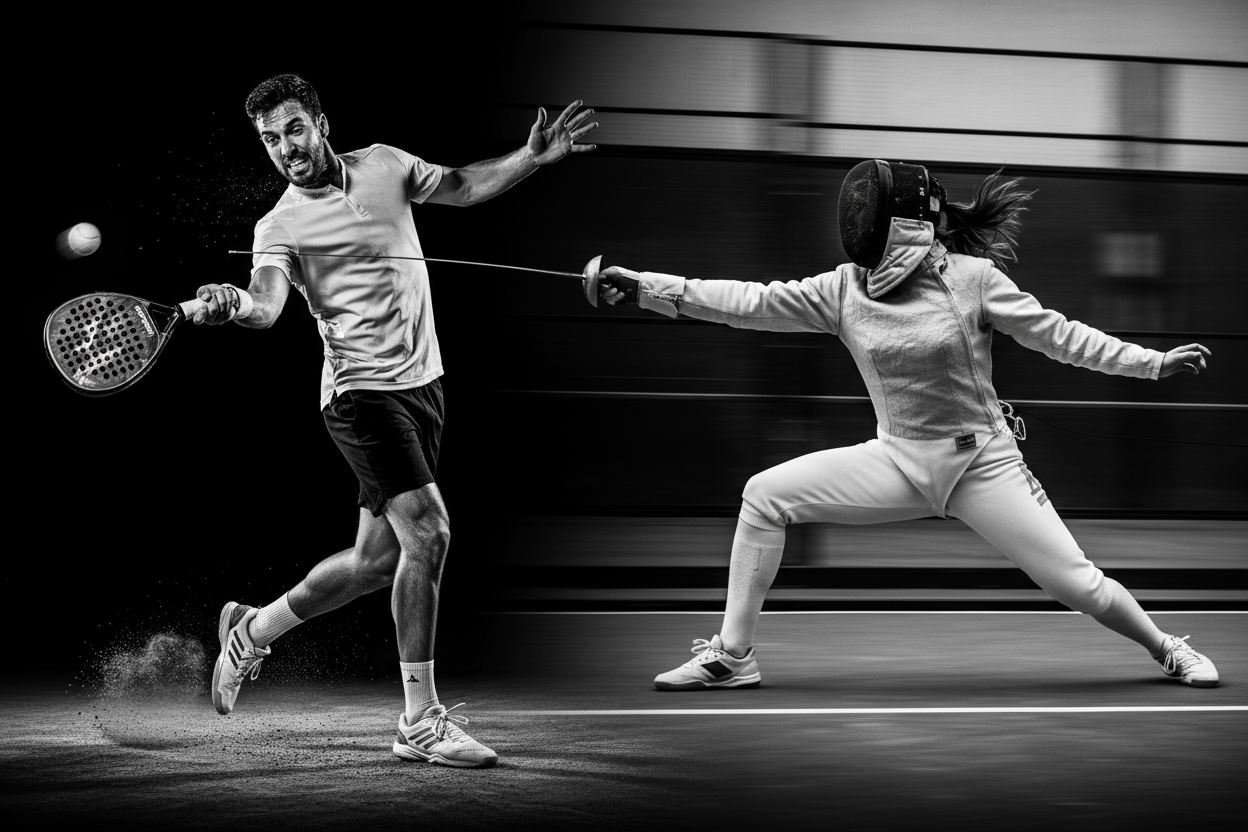 un joueur de padel et un joueur d'escrime en action , en noir et blanc
